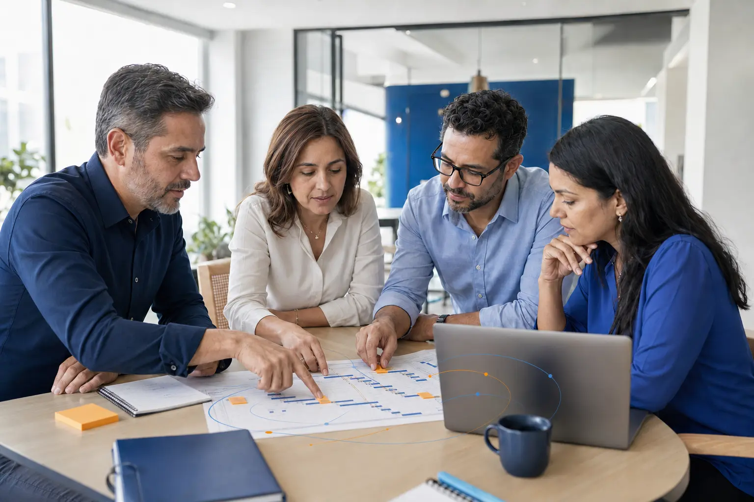 Equipo de proyecto tomando decisiones con información compartida